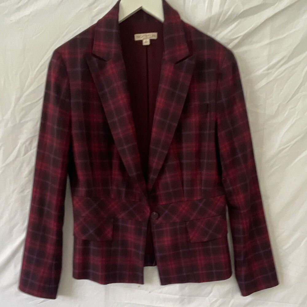 Eva Mendes Women's Burgundy Plaid Jacket 8 Button Front Lined Pockets Short